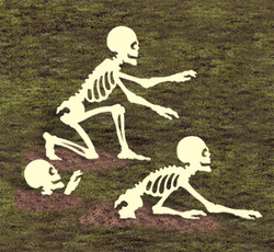 skeletons crawling up house